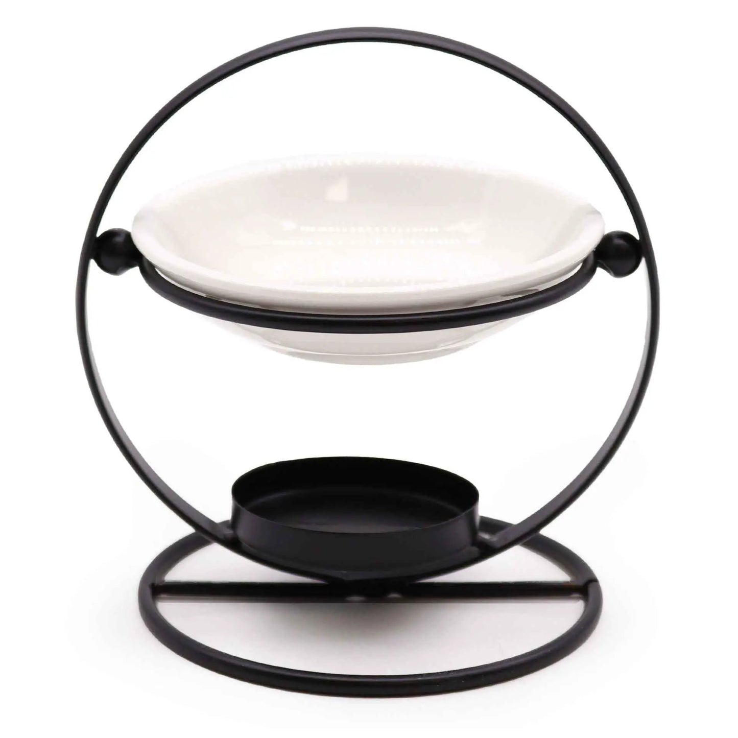 Midnight Jasmine wax melts and burner set with a white ceramic dish in a black metal frame.