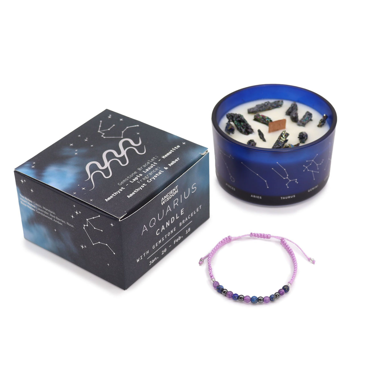 Illuminate Your Spirit with the Zodiac Crystal Candle and Gemstone Bracelet - Aquarius