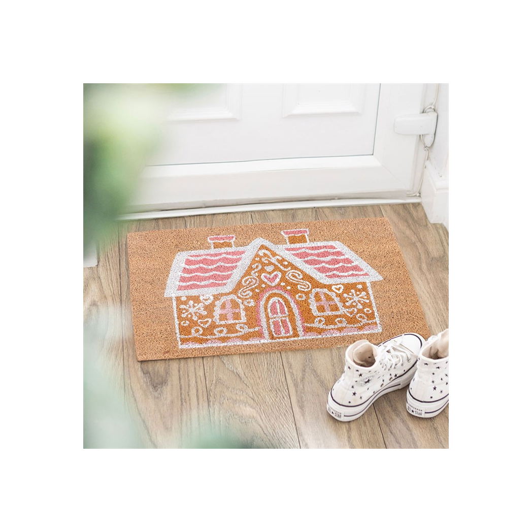 Charming Natural Pink Gingerbread House Doormat for a Festive Welcome