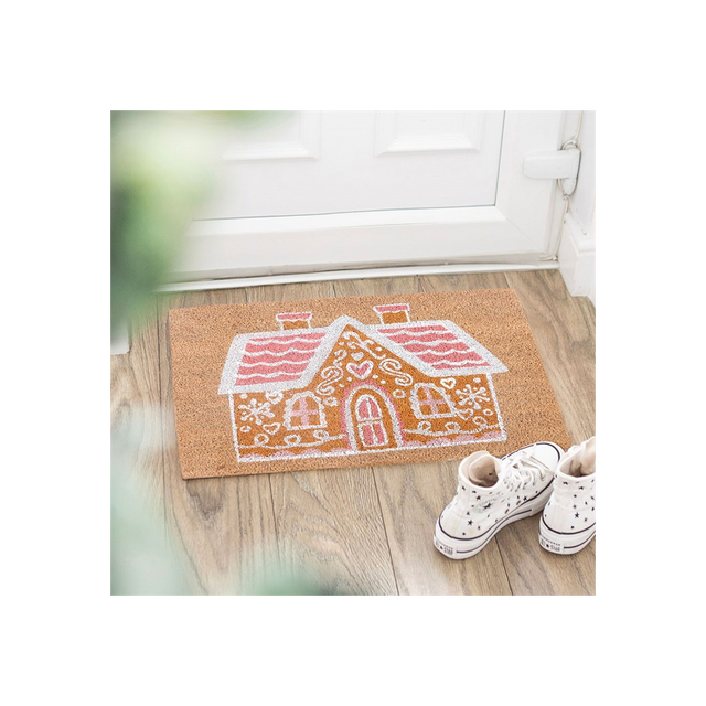 Charming Natural Pink Gingerbread House Doormat for a Festive Welcome