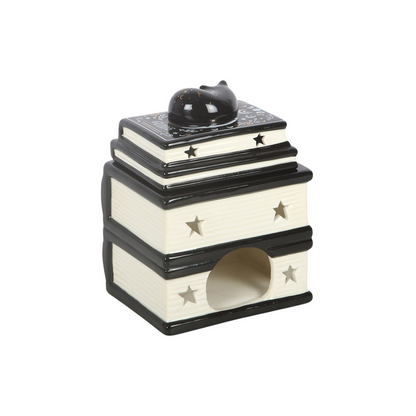 N/A Black Cat Book Stack Oil Burner with Cat -