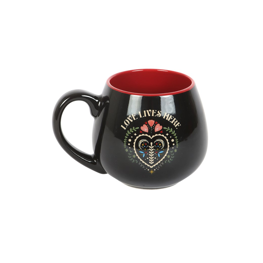 Love Lives Here Folk Heart Rounded Mug