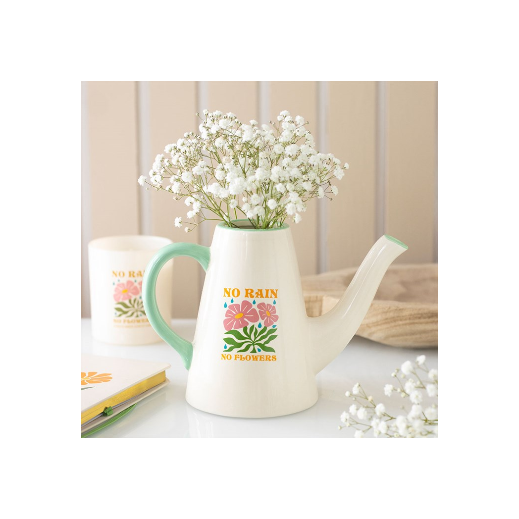 Charming Ceramic Watering Can Vase: No Rain, No Flowers