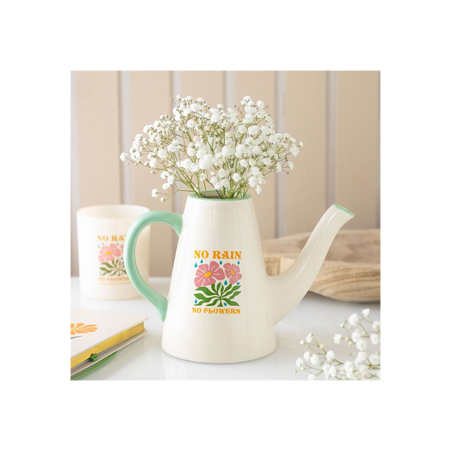 Charming Ceramic Watering Can Vase: No Rain, No Flowers