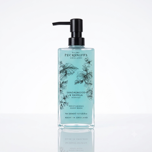A 500ml bottle of Peckniffs Sandalwood & Vanilla moisturising hand wash with a black pump dispenser, featuring a light blue-green liquid and black floral illustrations, set against a clean white background with a soft reflection.