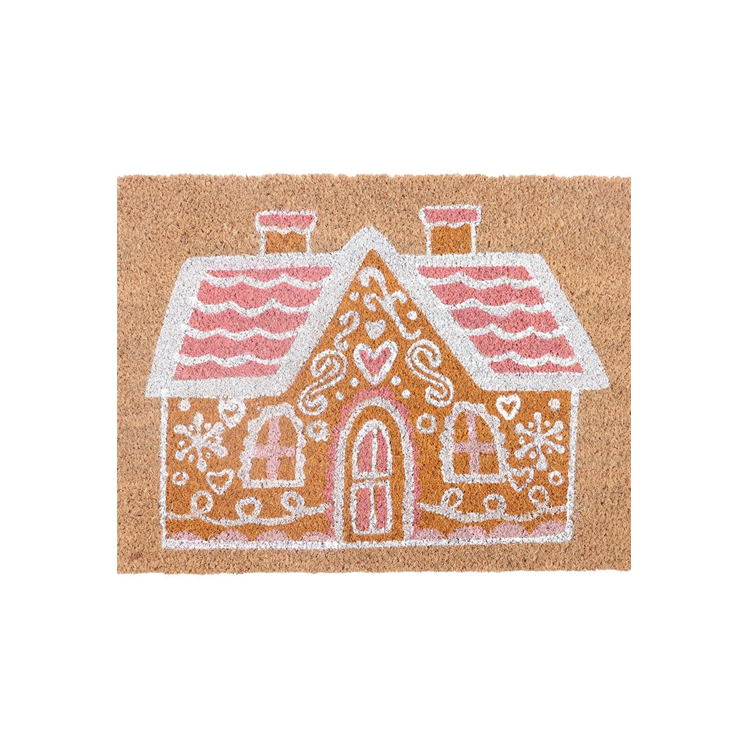 Charming Natural Pink Gingerbread House Doormat for a Festive Welcome