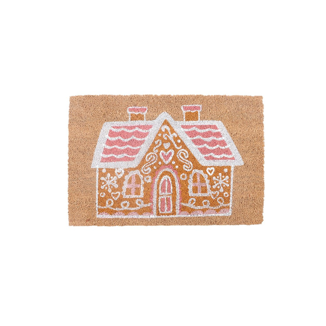 Charming Natural Pink Gingerbread House Doormat for a Festive Welcome