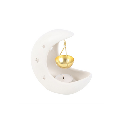 N/A White Crescent Moon Oil Burner with Gold Dish -
