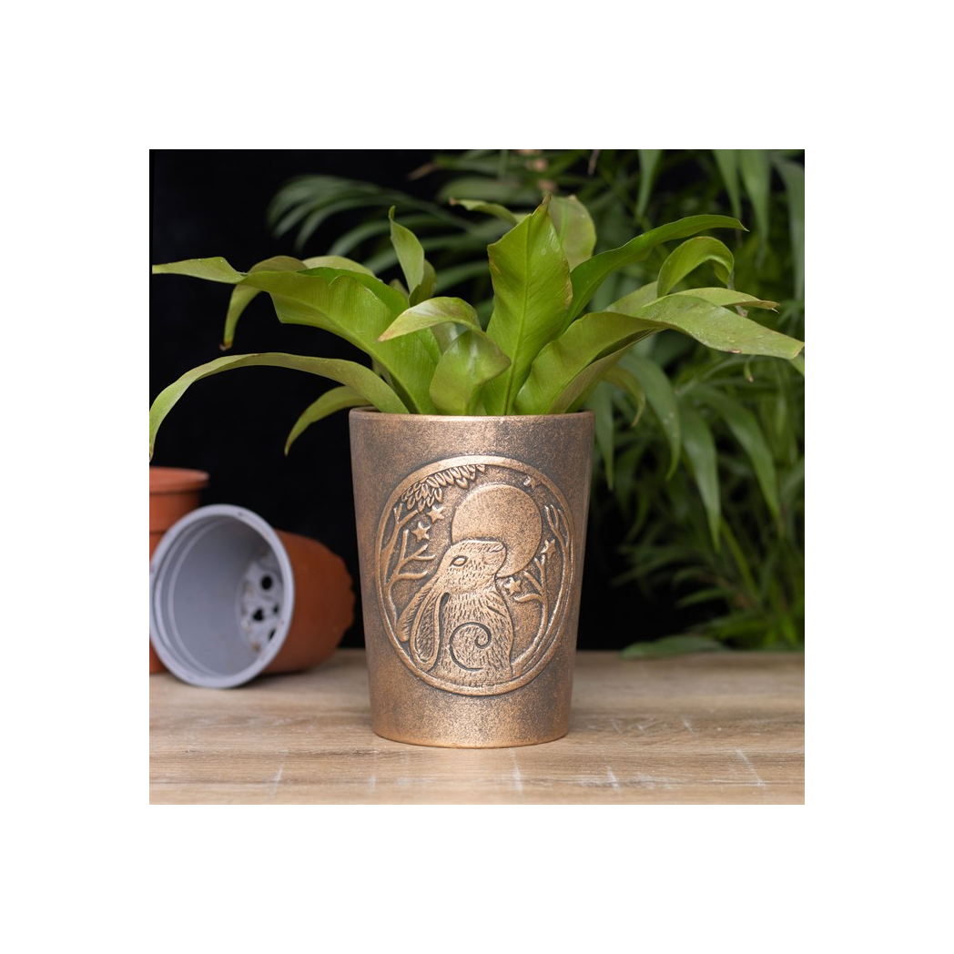 Moon Gazing Hare Plant Pot – Antiqued Bronze Terracotta by Lisa Parker