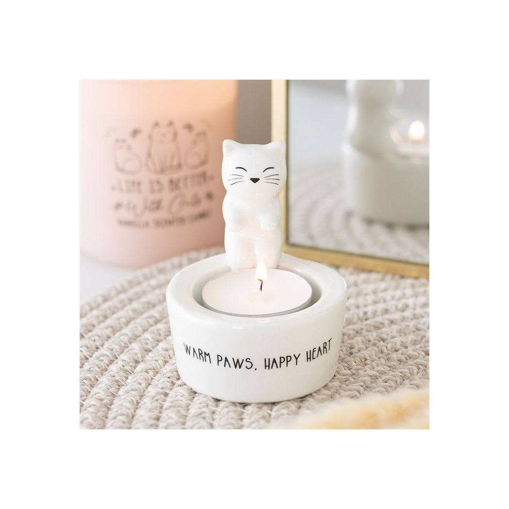 N/A Warm Paws, Happy Heart Cat Tealight Holder -