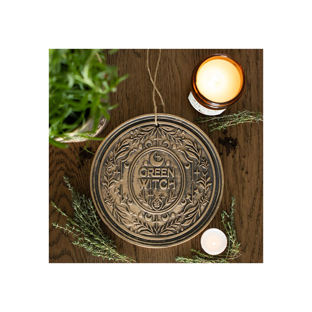 Green Witch Terracotta Plaque – Bronze-Effect Hanging Decor