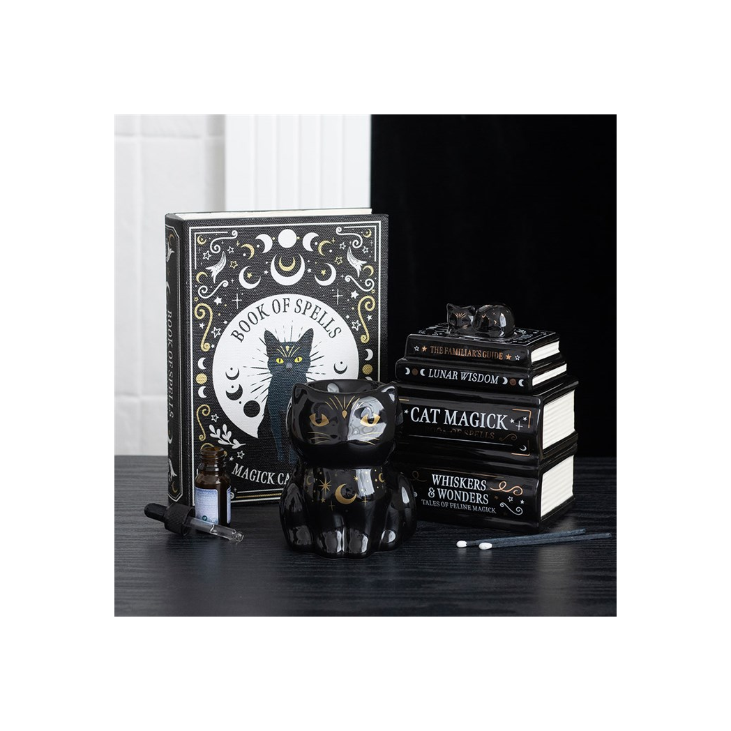 N/A Black Cat Book Stack Oil Burner with Cat -