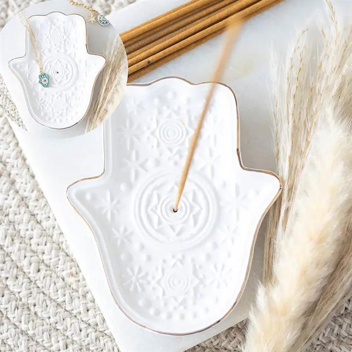 N/A White Hand of Hamsa Incense Holder and Trinket Dish -