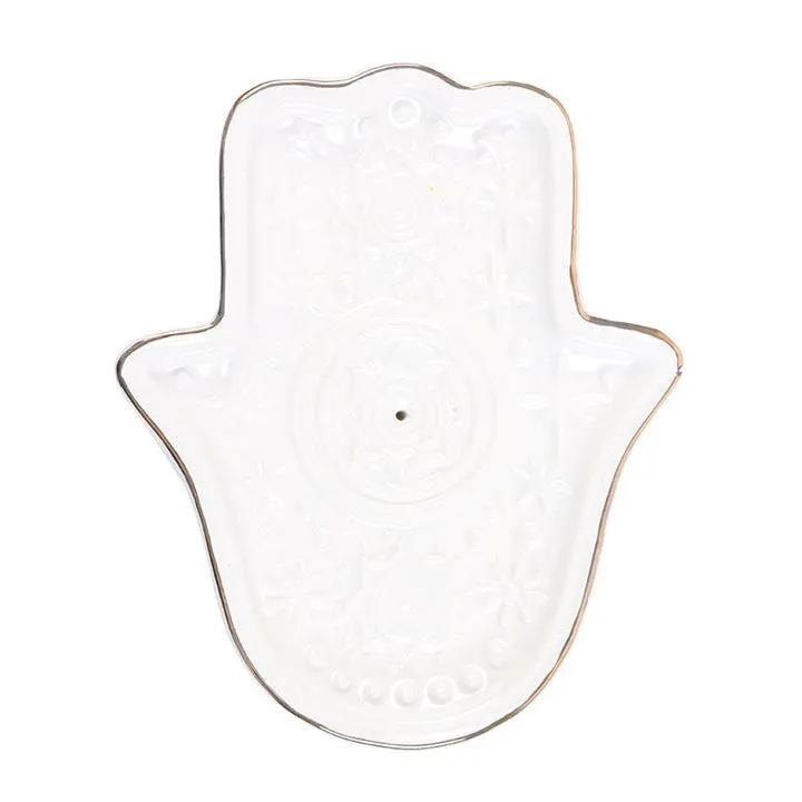 White Hamsa Hand Incense Holder Ceramic Trinket Dish