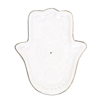 White Hamsa Hand Incense Holder Ceramic Trinket Dish