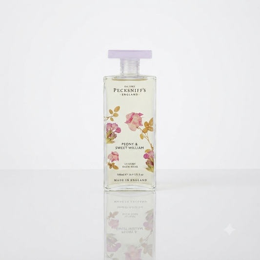Pecksniffs Peony Bath Soak Glass 500ml with Sweet William Essence