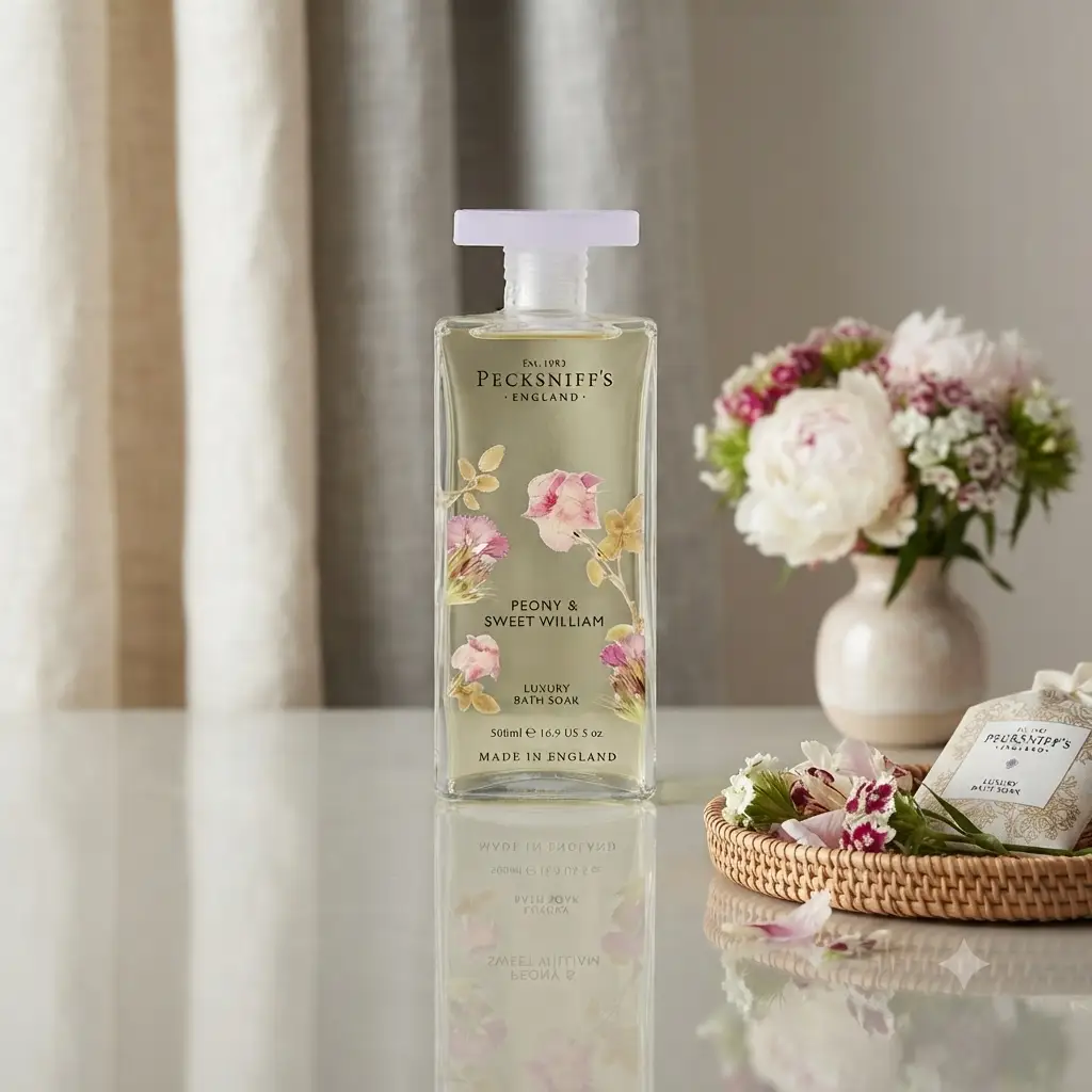 Pecksniff's Pecksniffs Peony Bath Soak Glass 500ml with Sweet William Essence - Bath Salts & Soaks Bath Soak