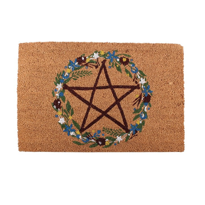 Natural Coir Wreath Doormat with Floral Pentagram Design