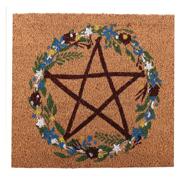 Natural Coir Wreath Doormat with Floral Pentagram Design