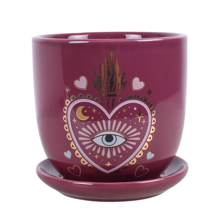 Enchanting Mystical Plant Pot with Saucer - Sacred Heart Design