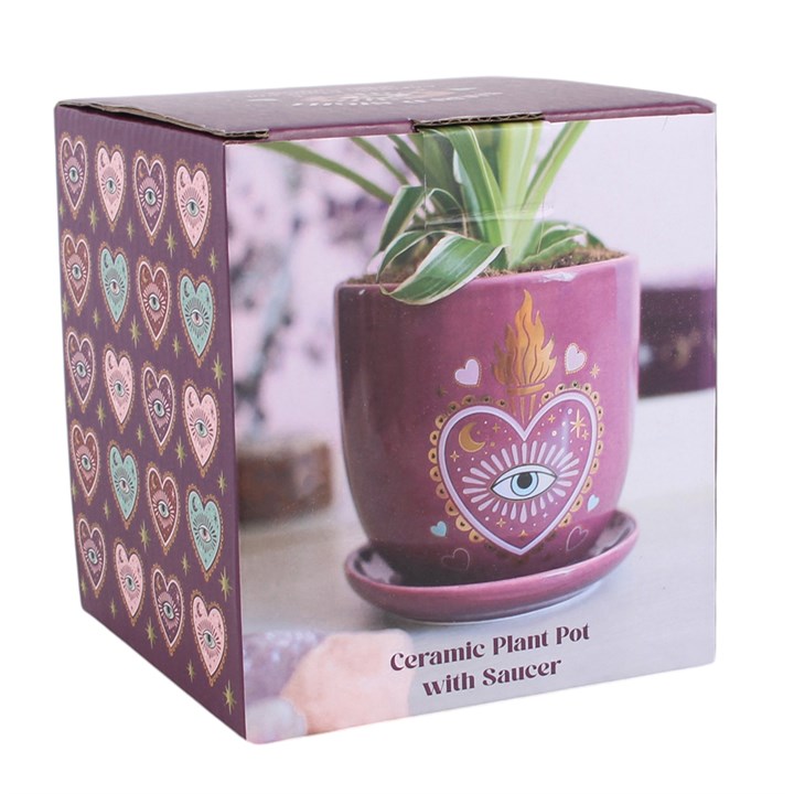 Enchanting Mystical Plant Pot with Saucer - Sacred Heart Design