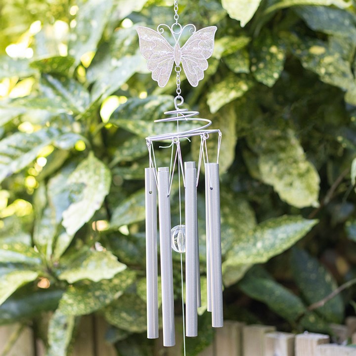 White Butterfly Wind Chime with Hanging Crystal
