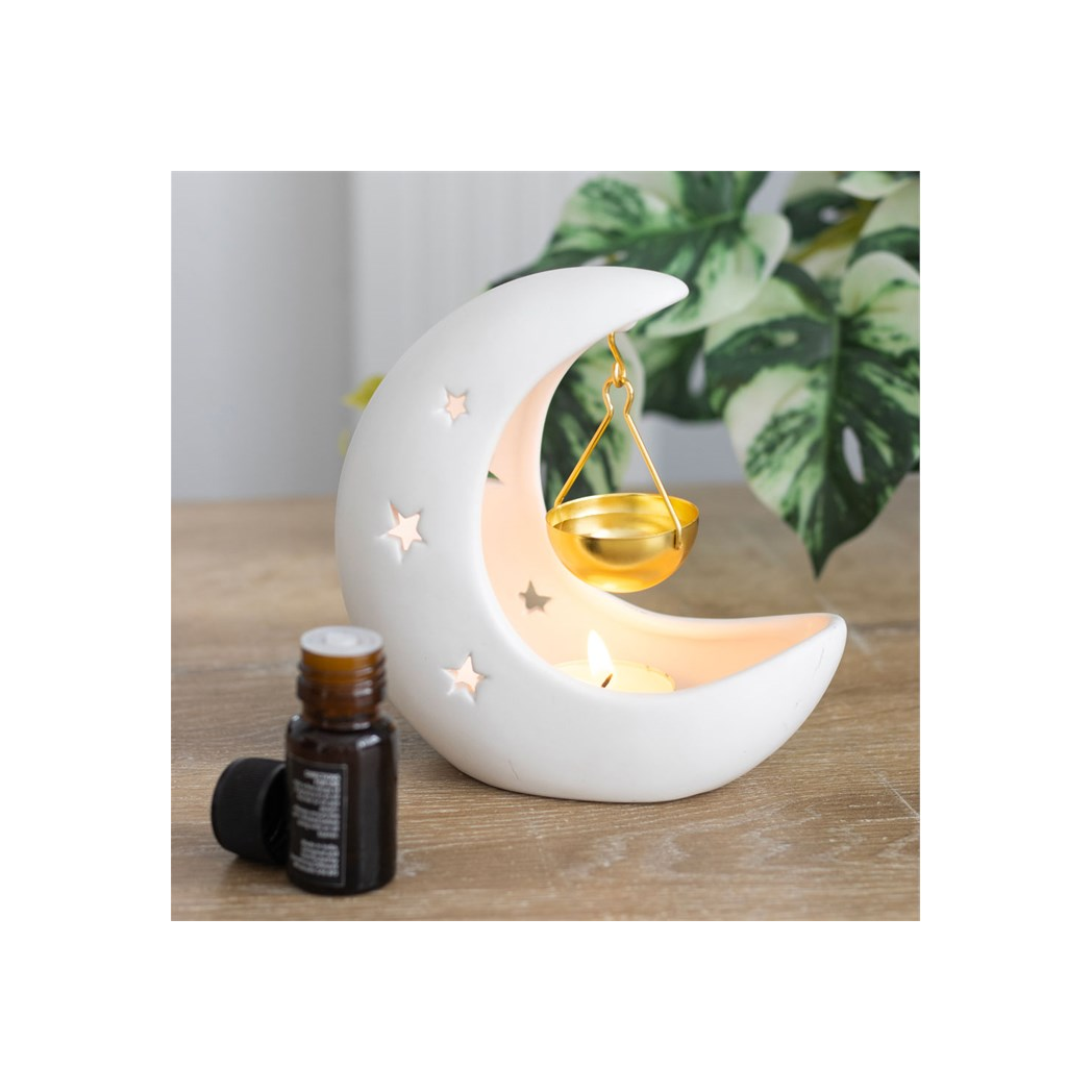 N/A White Crescent Moon Oil Burner with Gold Dish -
