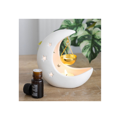N/A White Crescent Moon Oil Burner with Gold Dish -