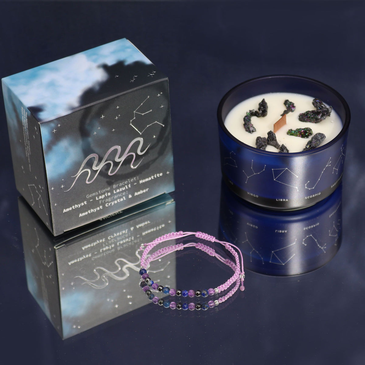 Illuminate Your Spirit with the Zodiac Crystal Candle and Gemstone Bracelet - Aquarius