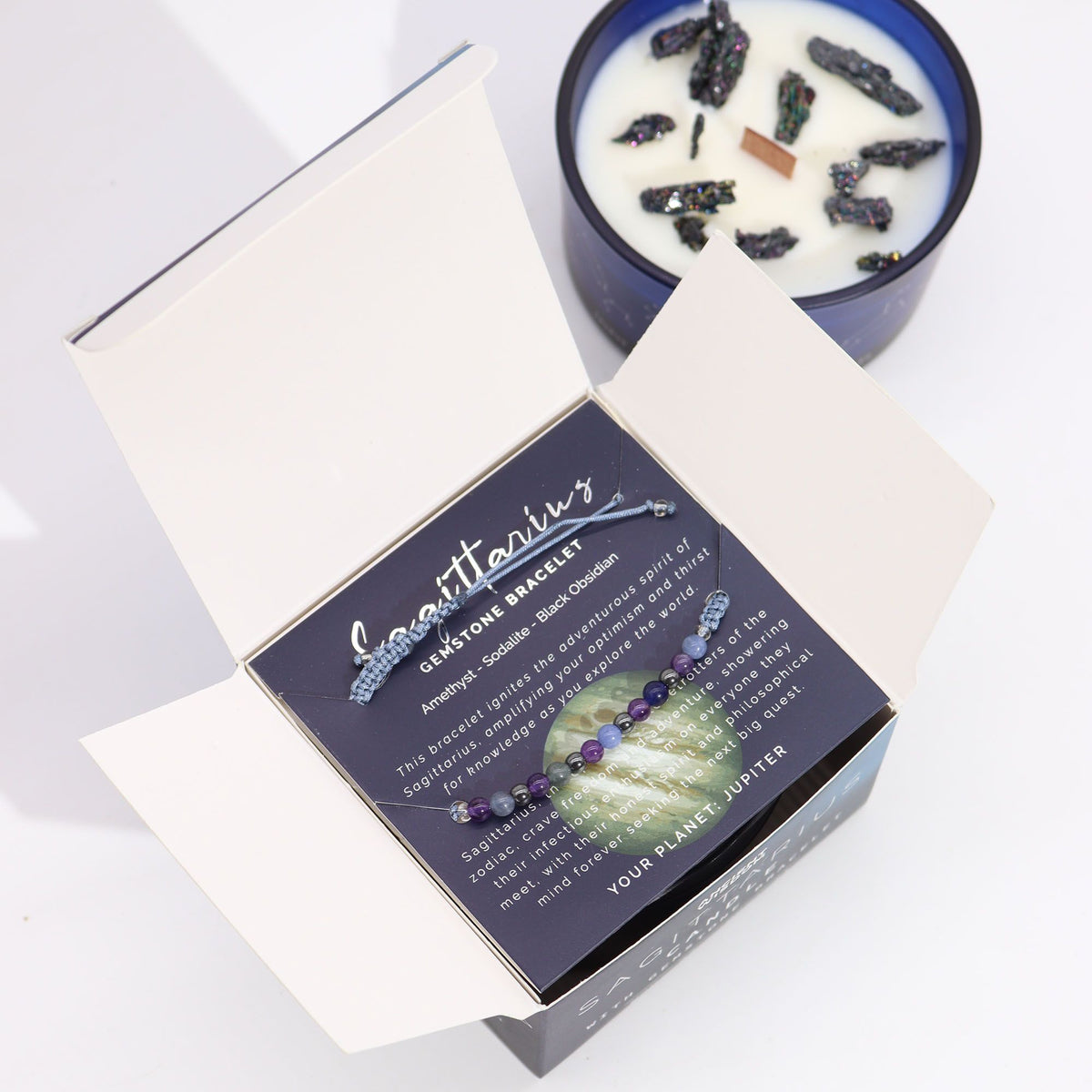 Illuminate Your Spirit with the Sagittarius Zodiac Crystal Candle & Gemstone Bracelet