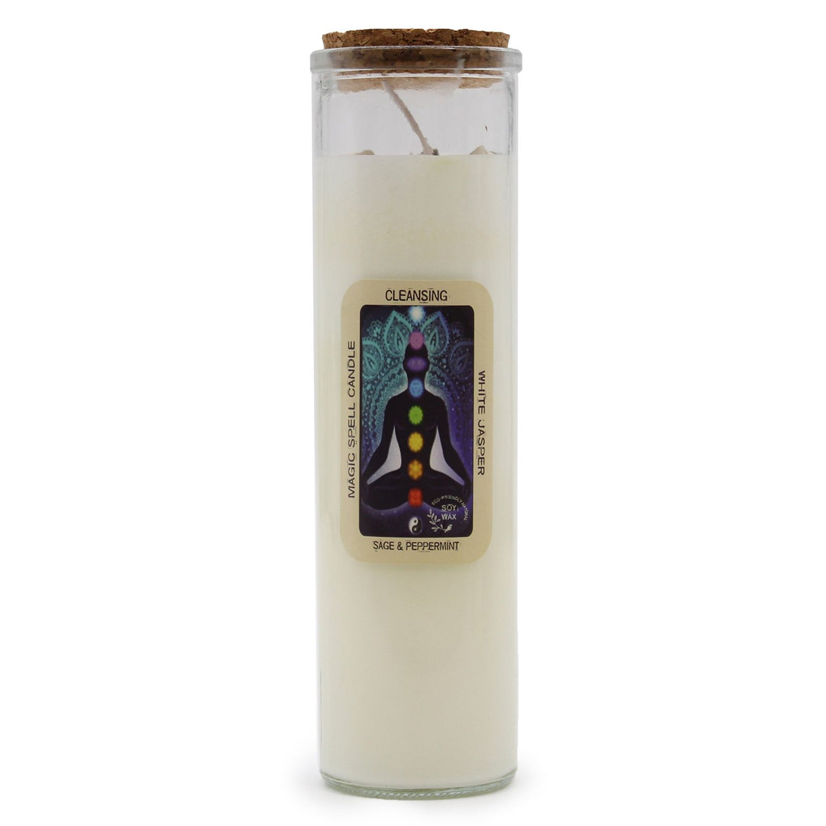 Cleansing Magic Spell Candle - Purify Your Space with White Jasper & Sage