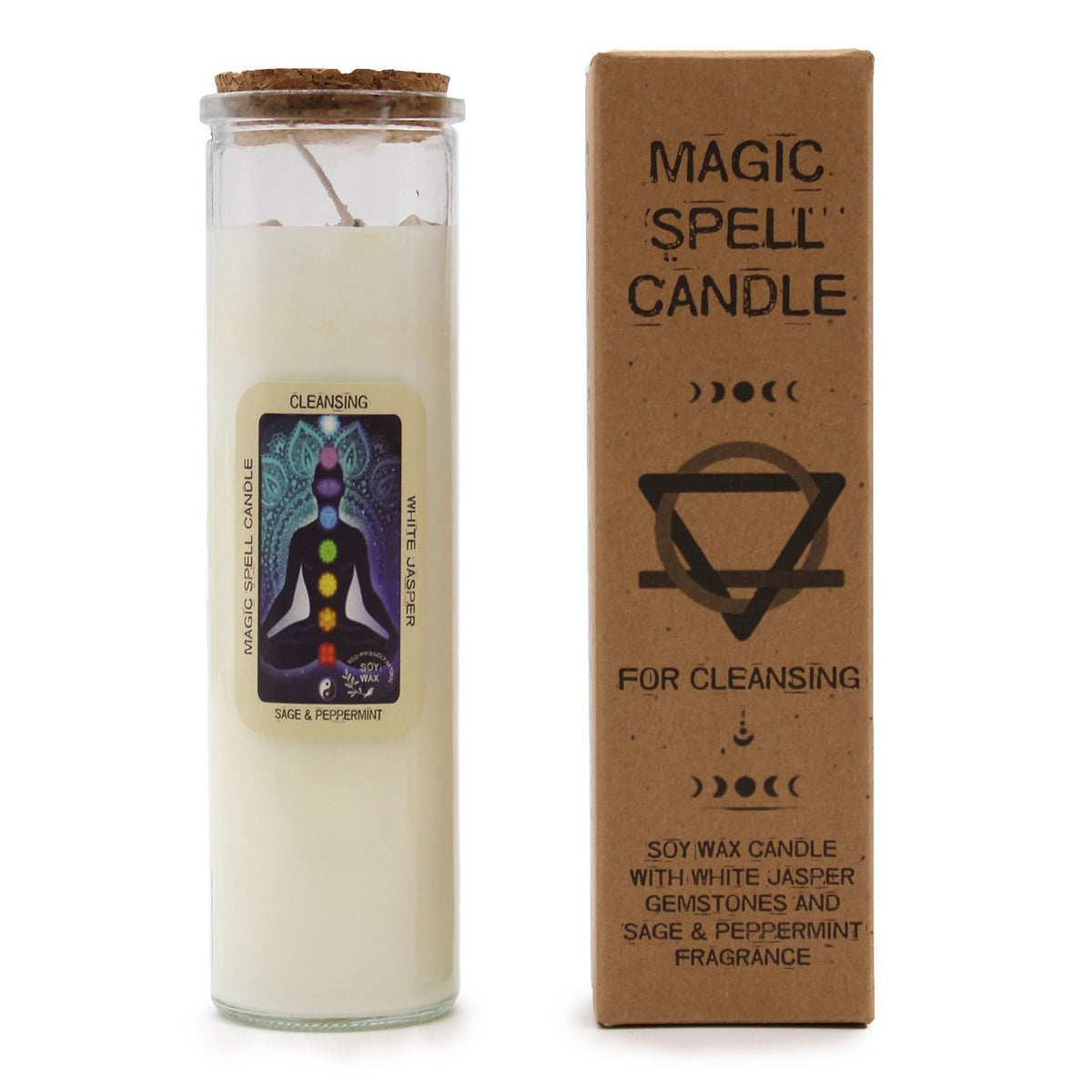 Cleansing Magic Spell Candle - Purify Your Space with White Jasper & Sage