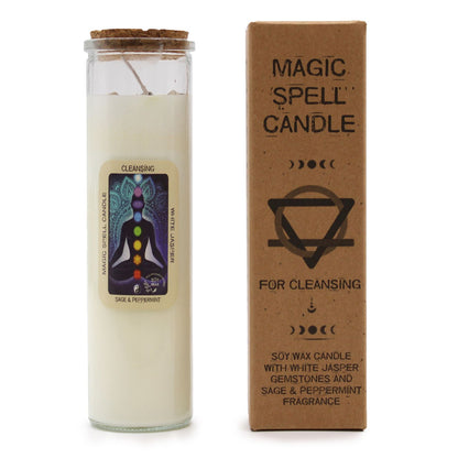 Cleansing Magic Spell Candle - Purify Your Space with White Jasper & Sage
