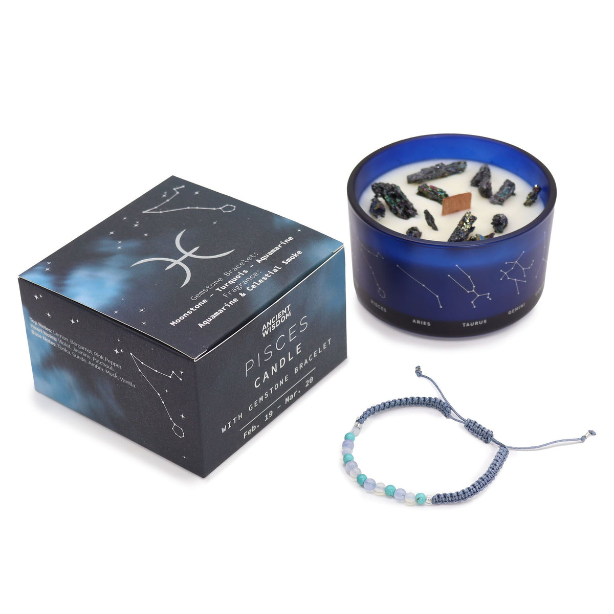 Zodiac Crystal Candle with Gemstone Bracelet - Pisces: Embrace Your Inner Compassion and Creativity