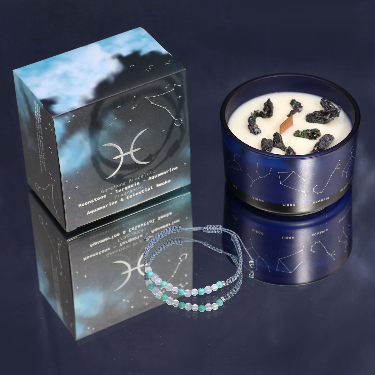 Zodiac Crystal Candle with Gemstone Bracelet - Pisces: Embrace Your Inner Compassion and Creativity
