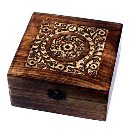 Mango Wood Aromatherapy Box - Floral Design for 25 Essential Oil Bottles