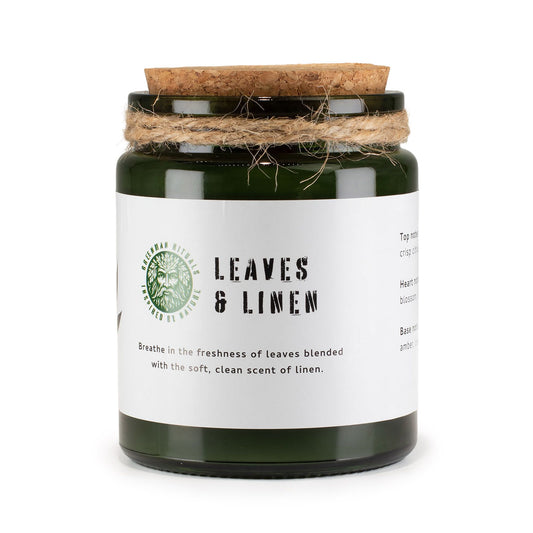 Greenman Woodwick Soy Candle - Leaves & Linen for a Cozy Atmosphere