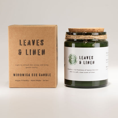 Greenman Woodwick Soy Candle - Leaves & Linen for a Cozy Atmosphere