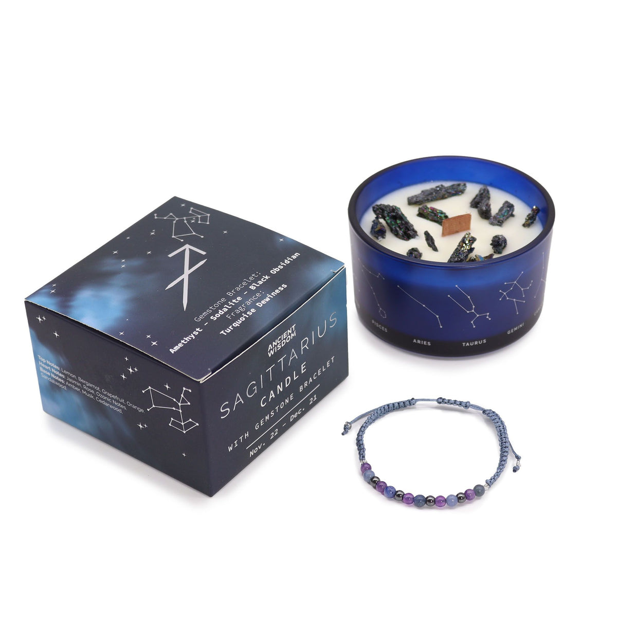 Illuminate Your Spirit with the Sagittarius Zodiac Crystal Candle & Gemstone Bracelet