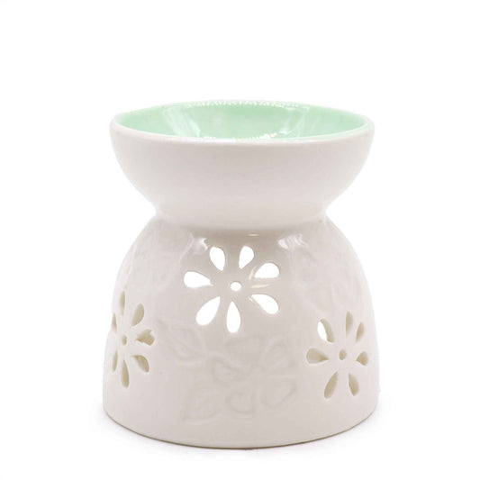 Classic White Oil Burner - Floral Design with Teal Well - Everyday Bargainz