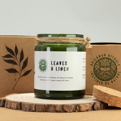 Greenman Woodwick Soy Candle - Leaves & Linen for a Cozy Atmosphere