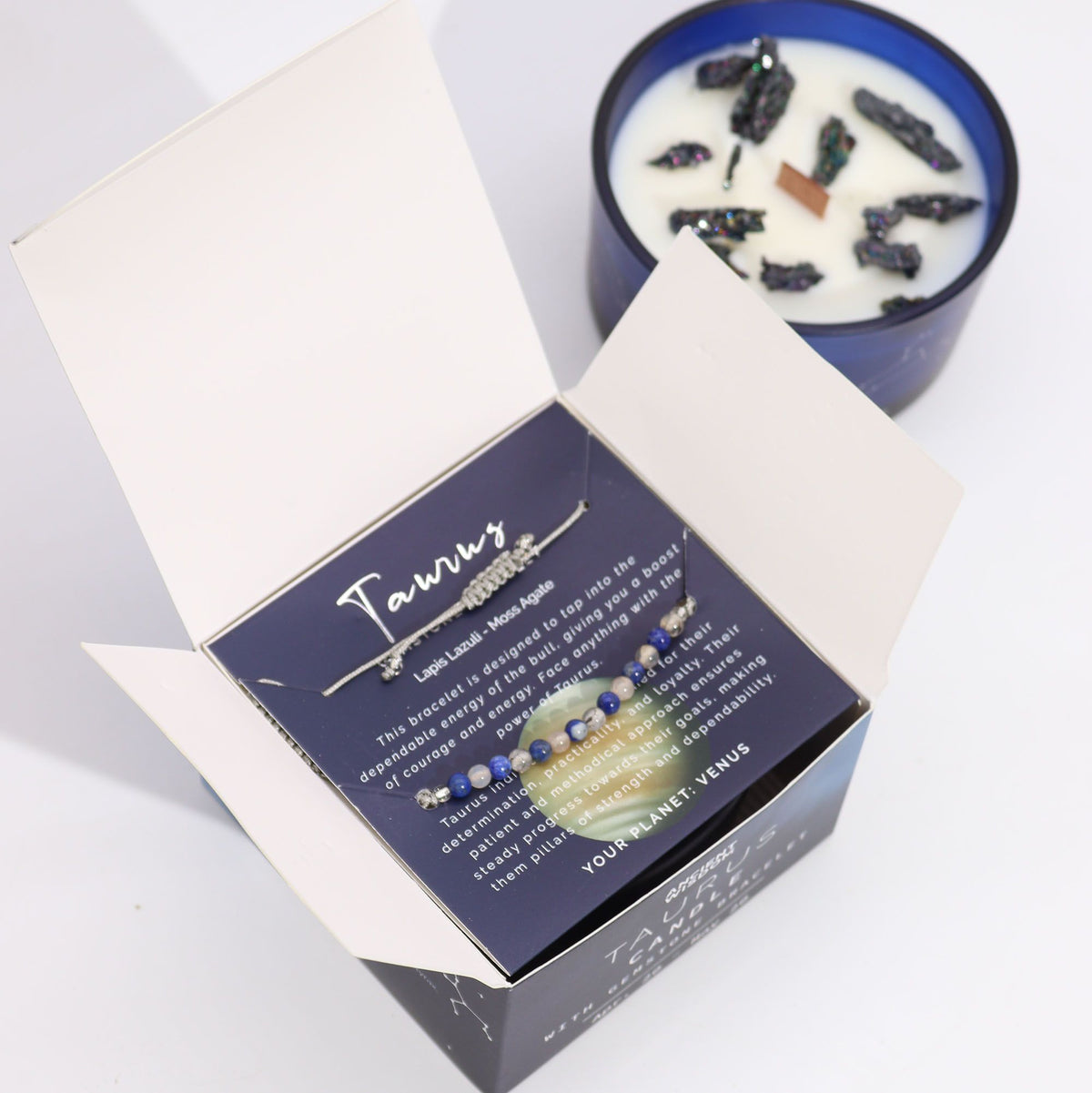 Zodiac Crystal Candle with Gemstone Bracelet - Taurus: Embrace Grounded Energy