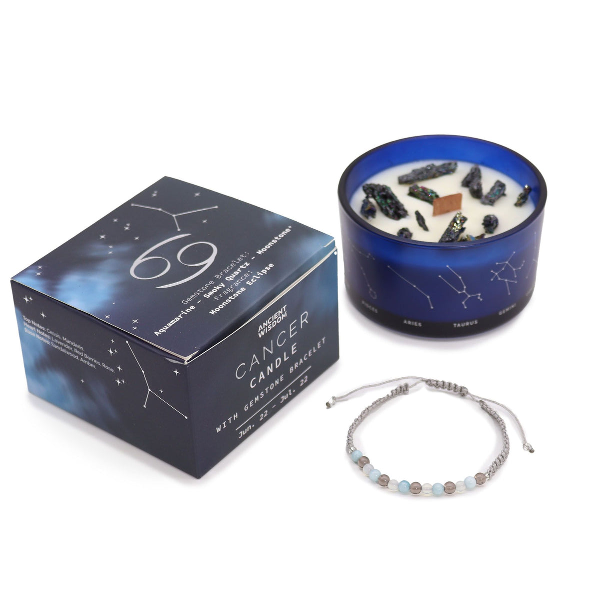 Zodiac Crystal Candle with Gemstone Bracelet - Embrace Your Cancer Energy
