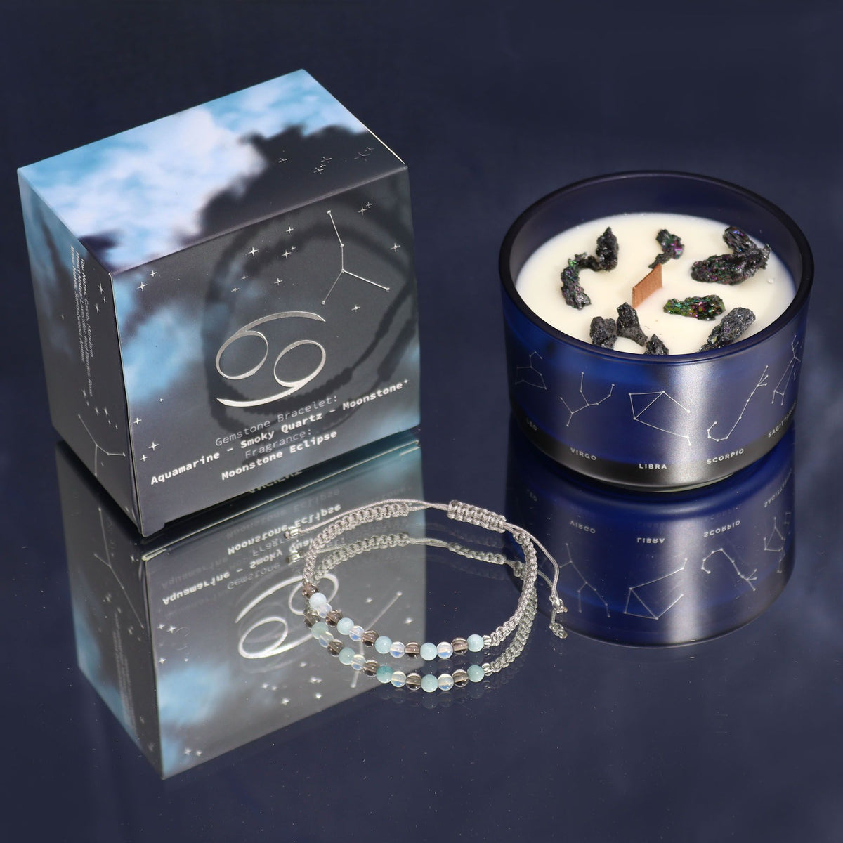 Zodiac Crystal Candle with Gemstone Bracelet - Embrace Your Cancer Energy