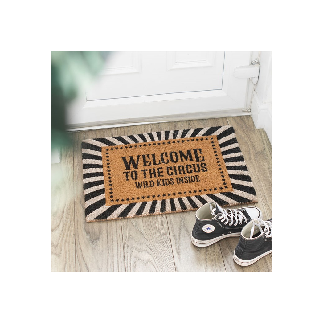 Welcome to the Circus Doormat – Black & White Stripes