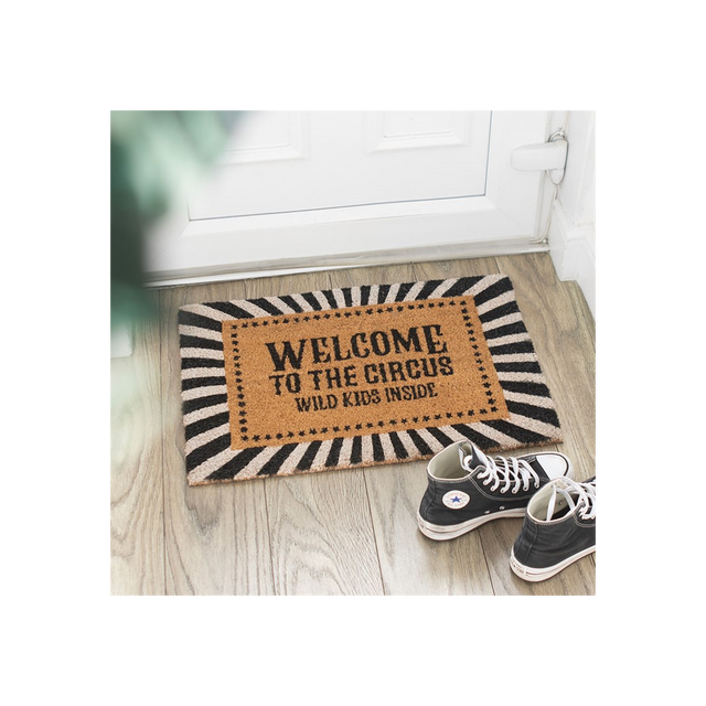 Welcome to the Circus Doormat – Black & White Stripes
