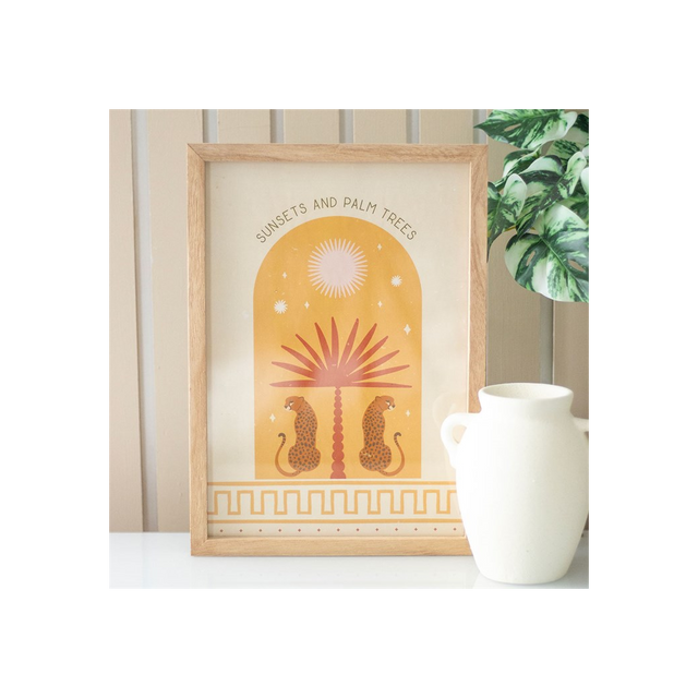 Leopard Palm Framed Wall Art Print – Tropical Sunset Scene