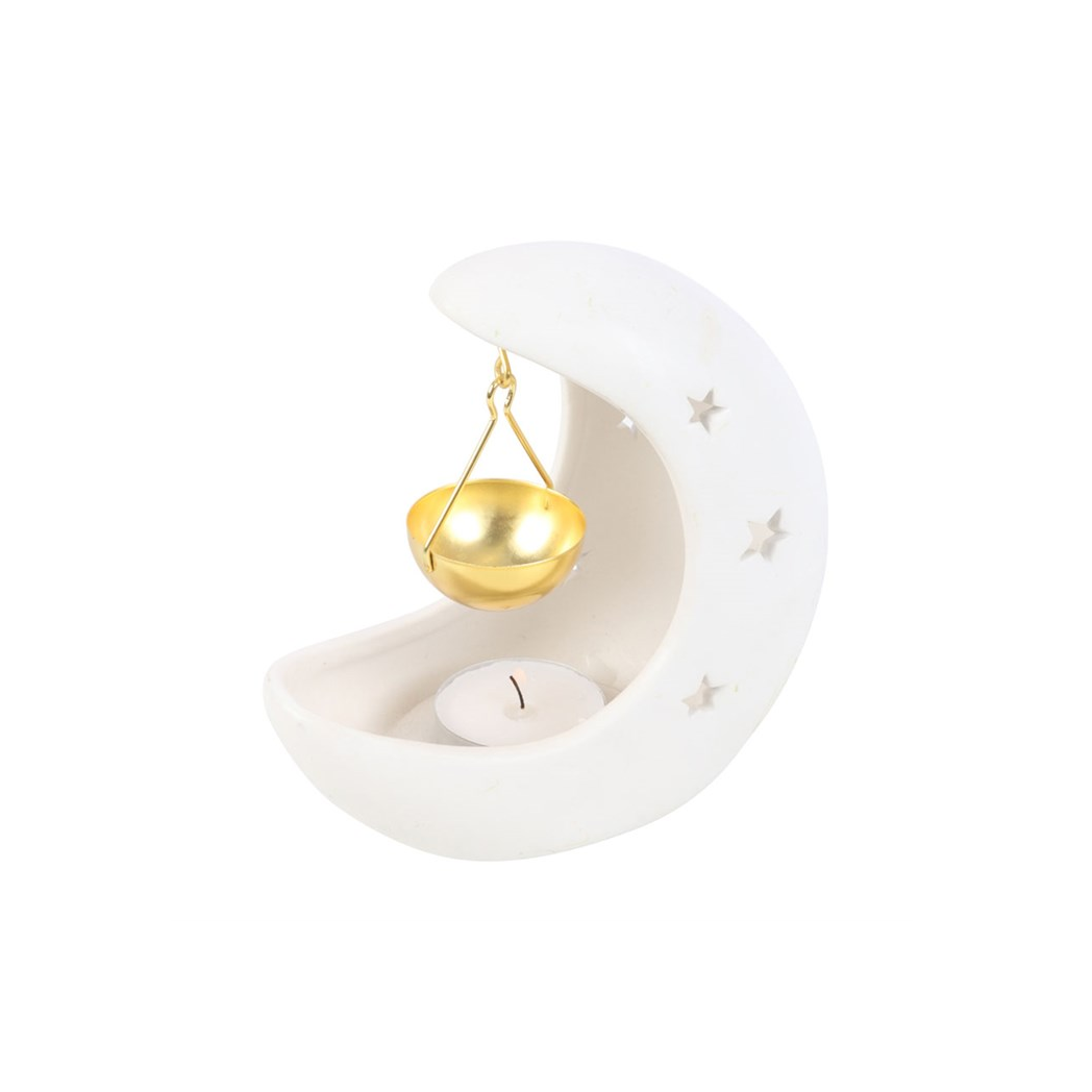 N/A White Crescent Moon Oil Burner with Gold Dish -