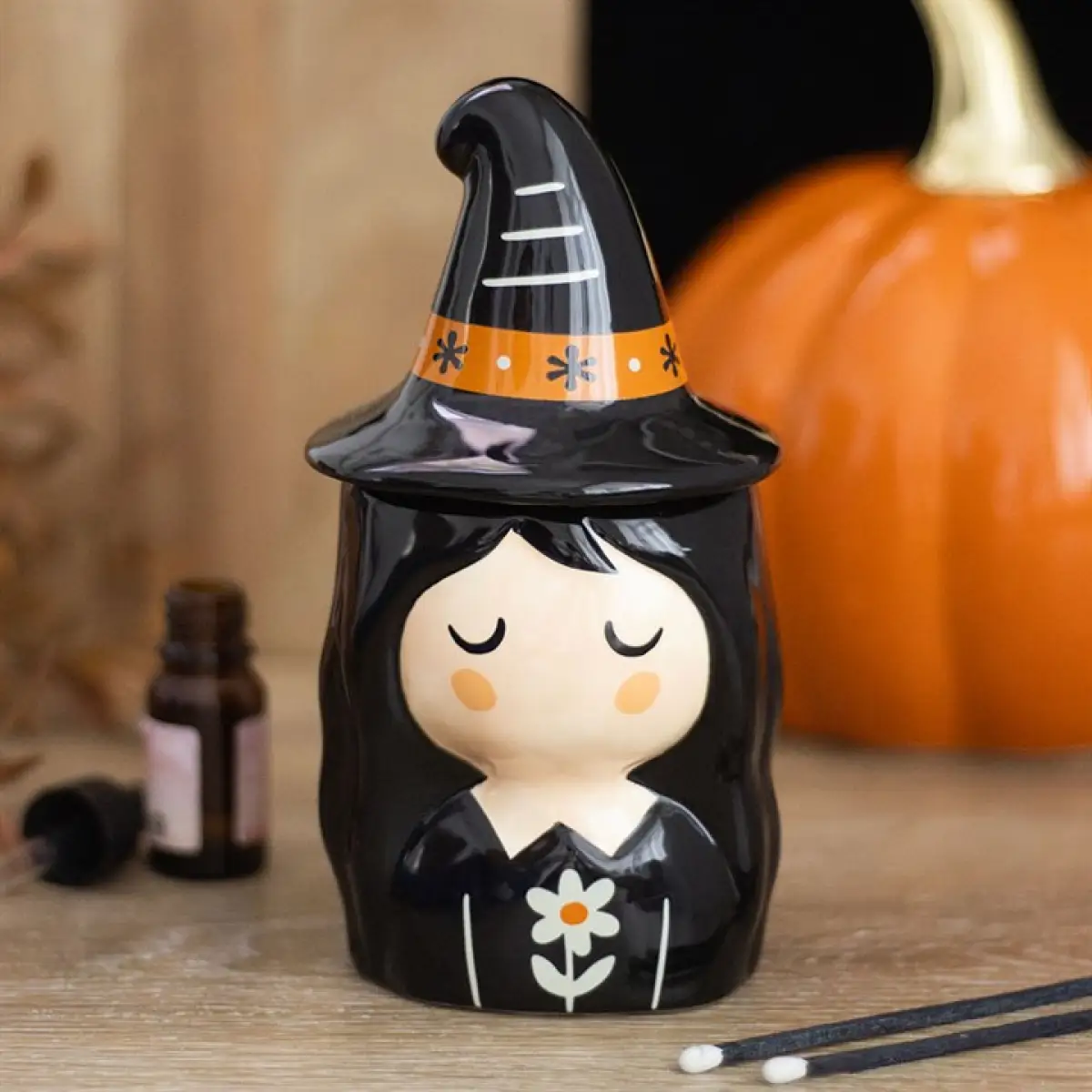Something Different Frightful Folk Witch Oil Burner - Rustic Seasonal Ceramic Warmer With Charming Witch Hat Design