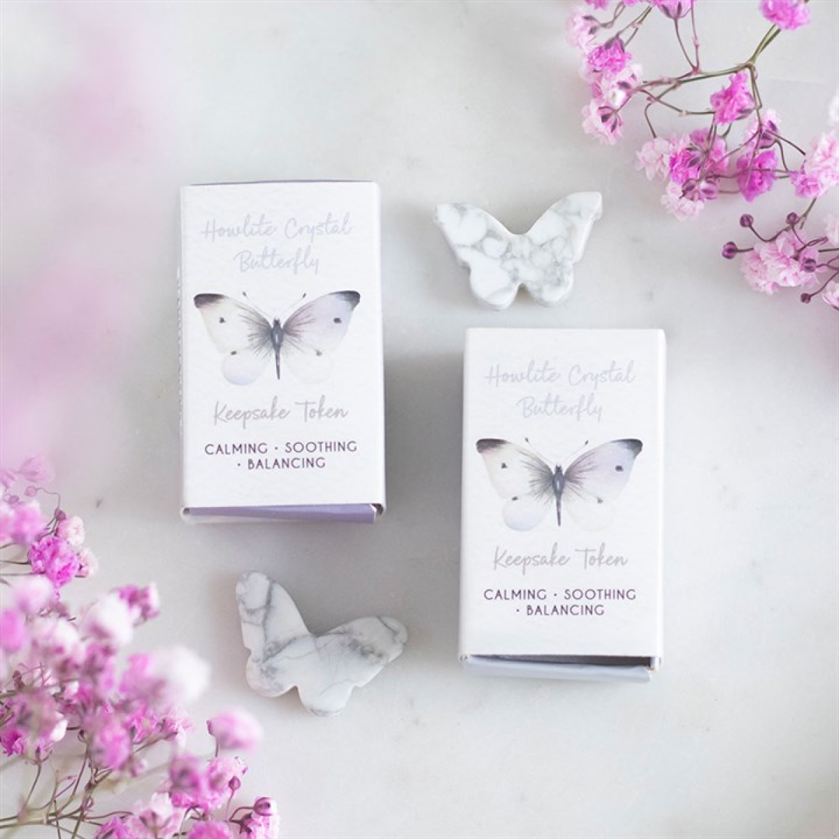 Set of 24 Howlite Butterfly Keepsake Tokens in Display